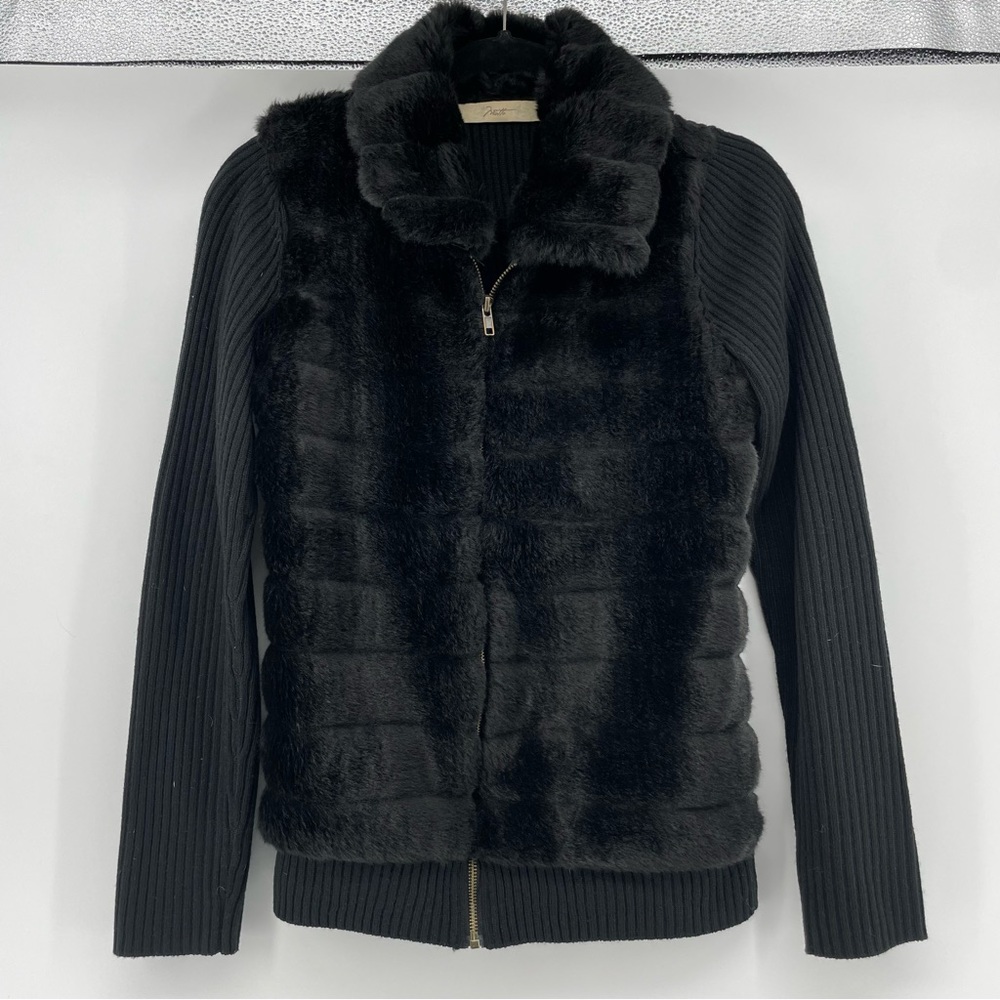 Motto Zipped Cardigan Black Faux Fur Ribbed Knit XS